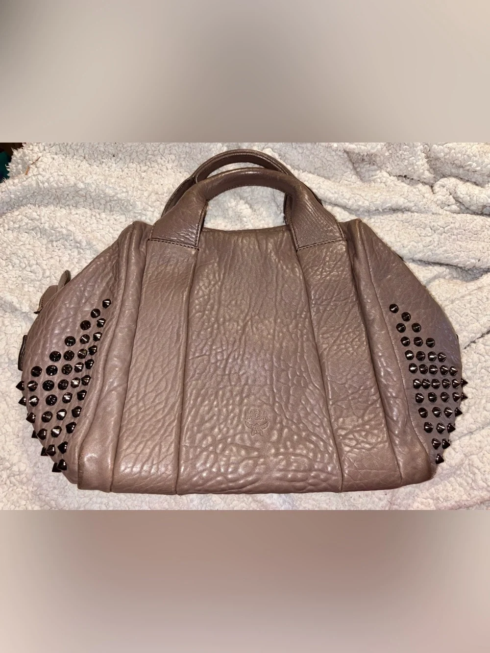 MCM Keana Gunmetal Studded Pebbled Leather Satchel Bag